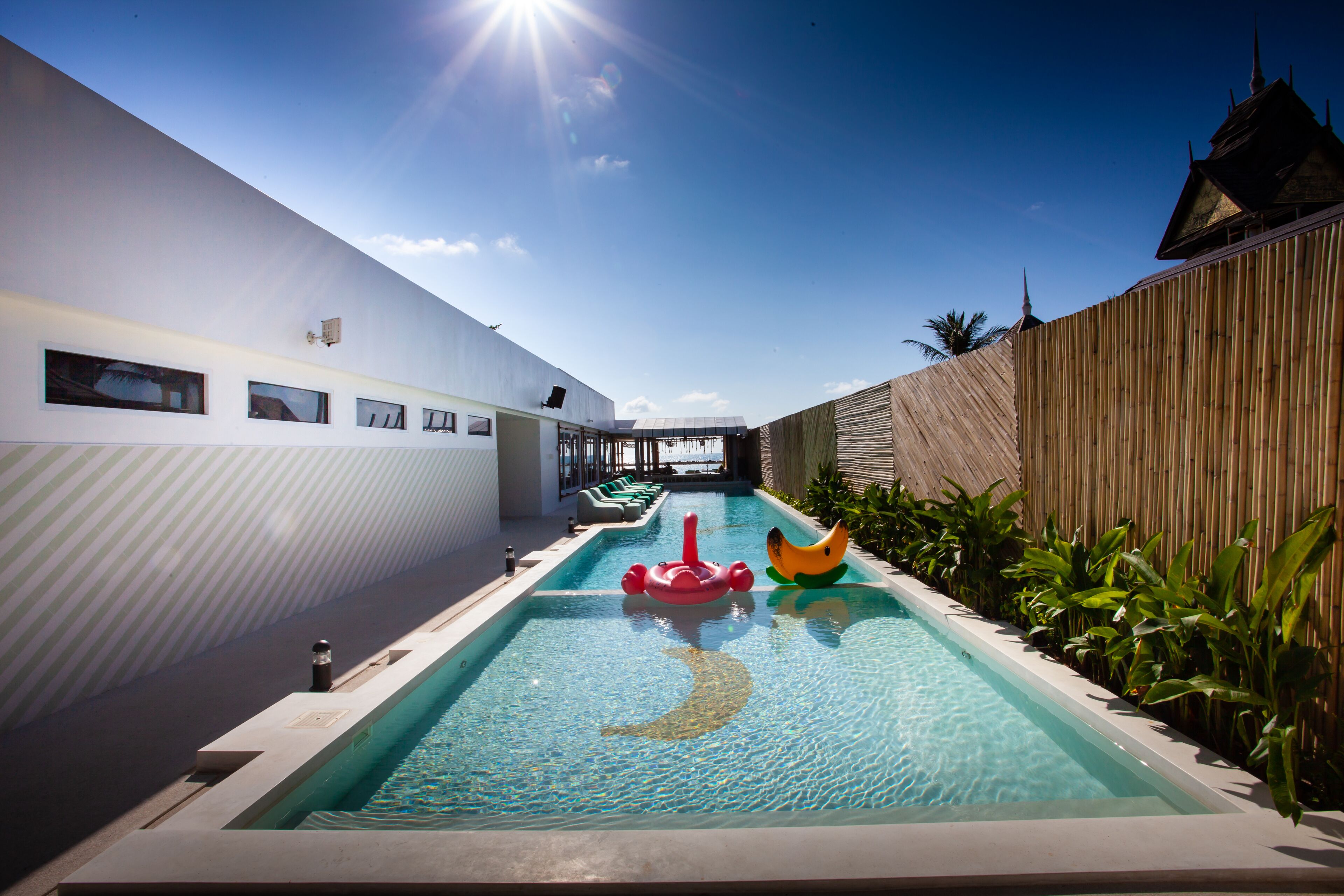 outdoor pool, pool loungers