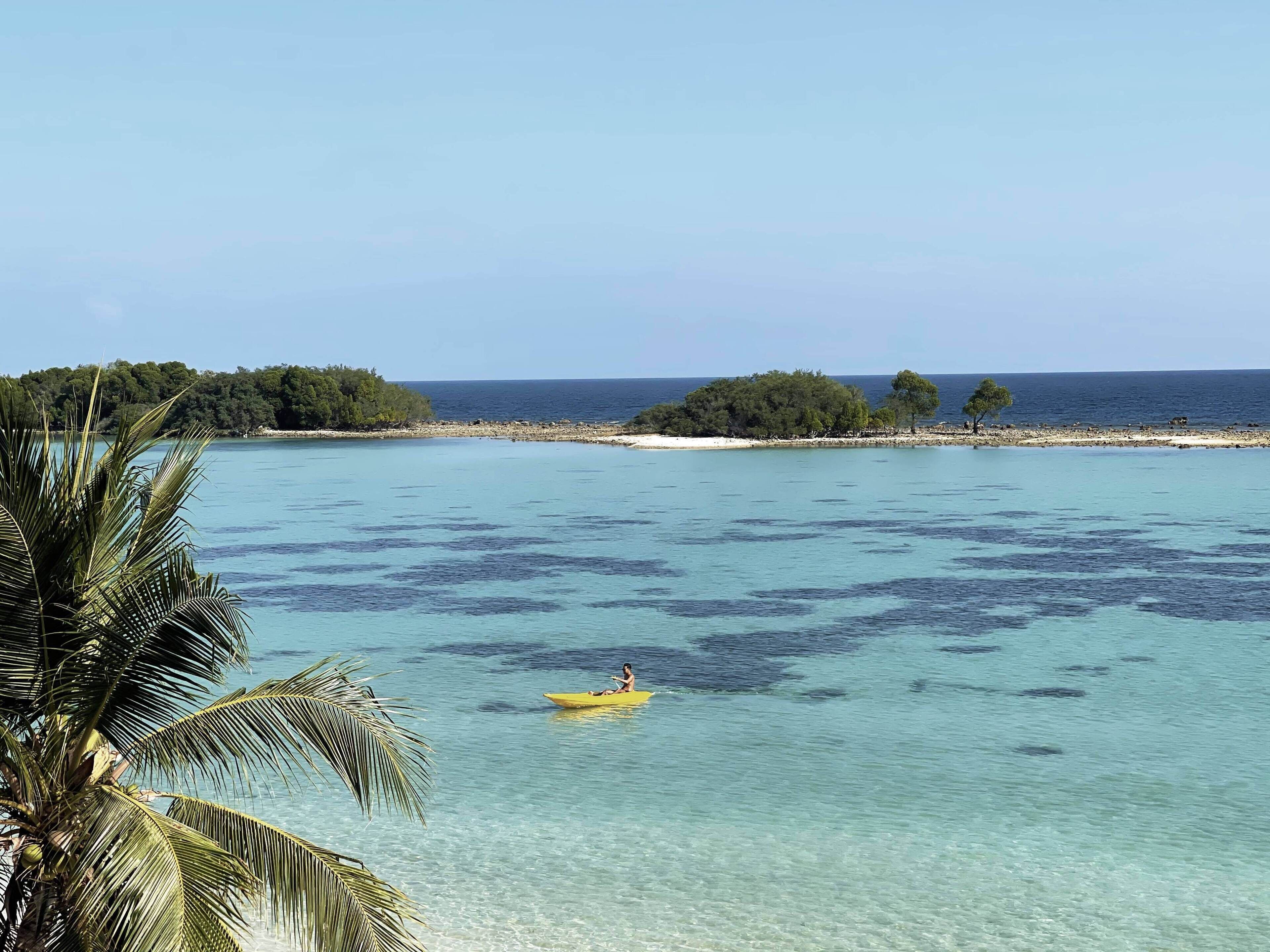 Una playa tropical despejada con un kayak en el agua, palmeras y una costa lejana con vegetación.