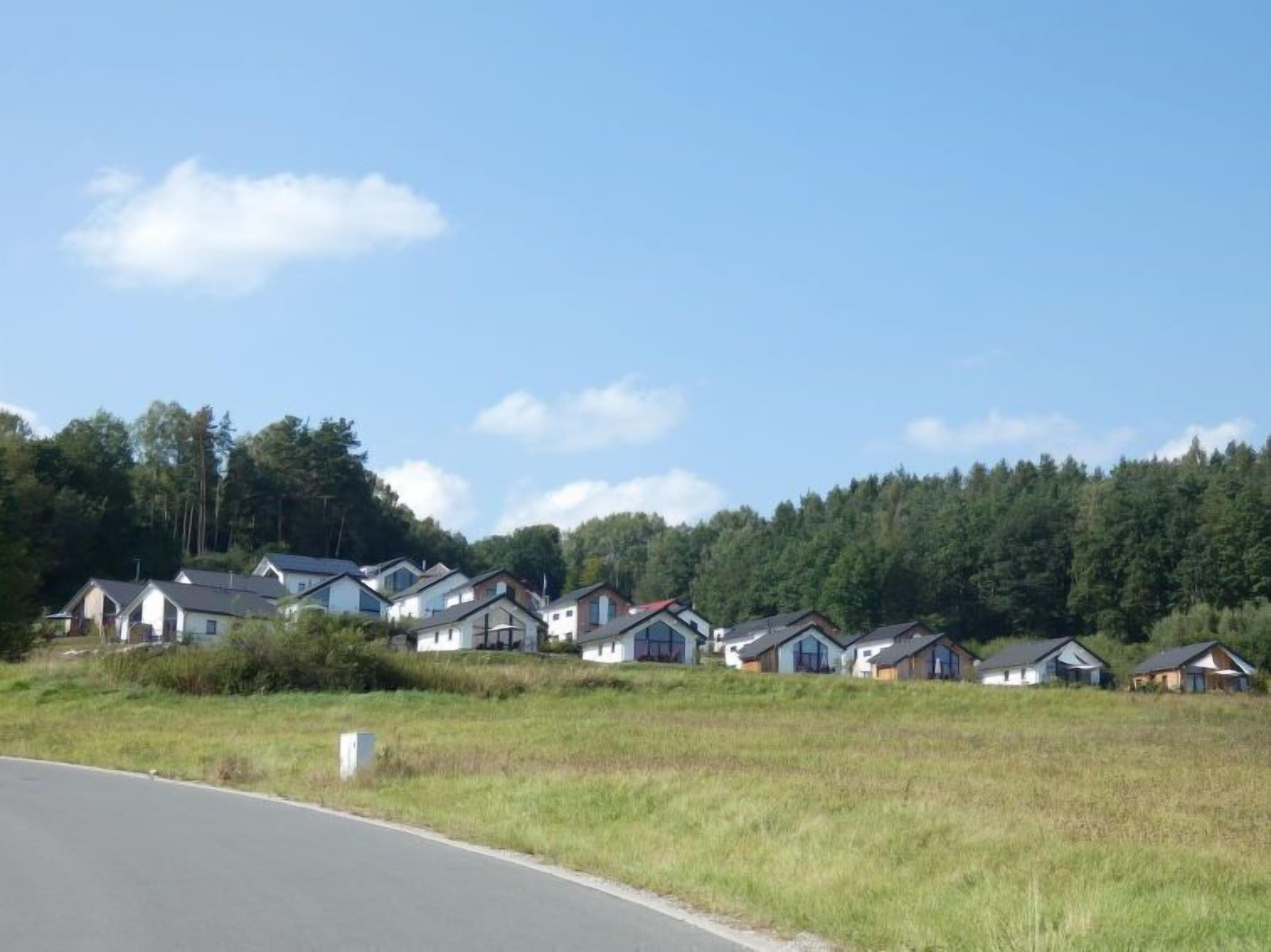 Une rangée de maisons modernes, avec un champ verdoyant au premier plan et une colline boisée en arrière-plan.