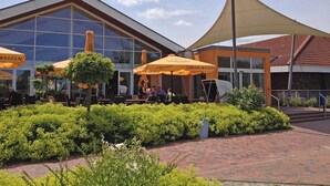 An outdoor seating area with tables and chairs under yellow umbrellas, a building with large windows, and a landscaped garden area.
