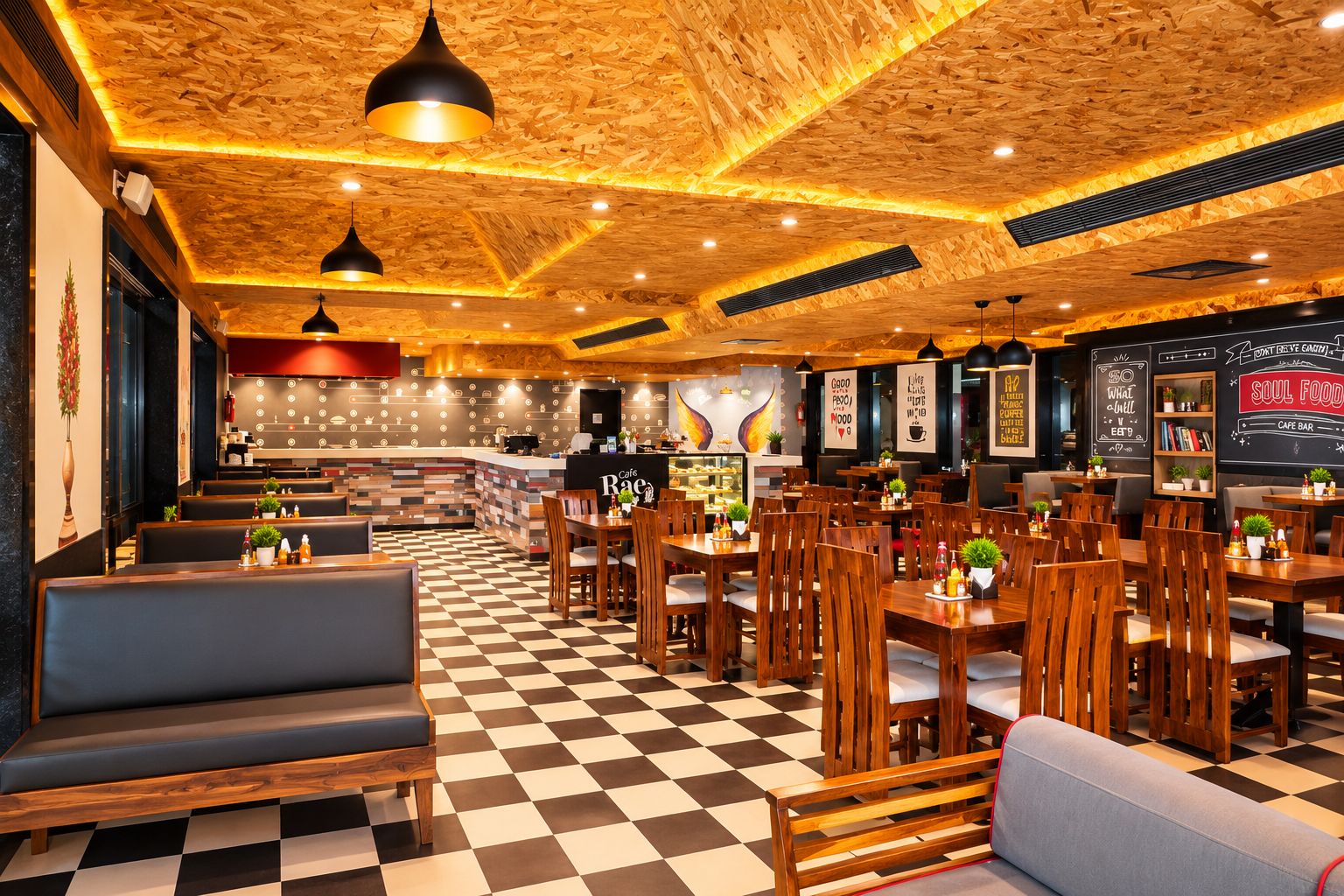 Interior de restaurante con suelo a cuadros, muebles de madera e iluminación colgante.