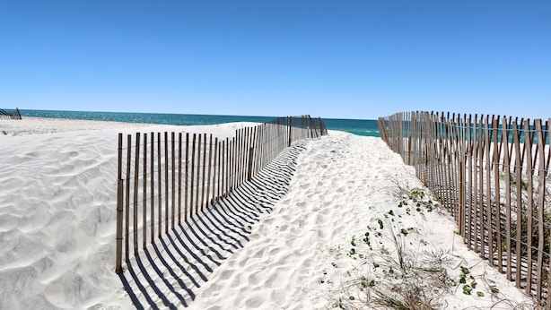 A sandy beach with a wooden fence and a clear blue sky. - Single Level, Close To Beach, Great Beach View Covered Deck ~ Salt Cured (Cape San Blas)