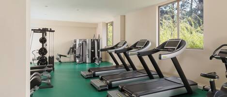 A gym with treadmills, weight machines, and free weights.