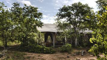 A tented structure surrounded by dense foliage, with a dirt ground and a wooden table under the canopy.