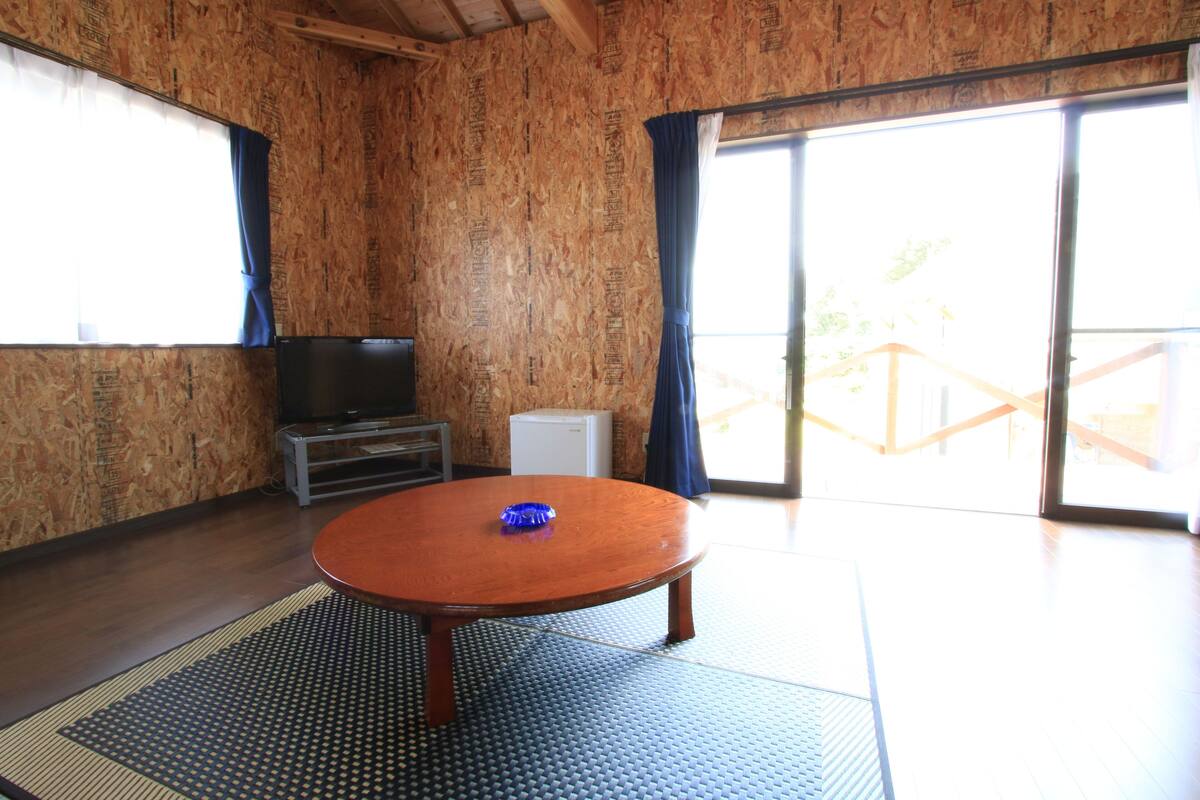 A room with a wooden floor, a round table with a blue object on it, a television on a stand, and a sliding glass door leading outside.