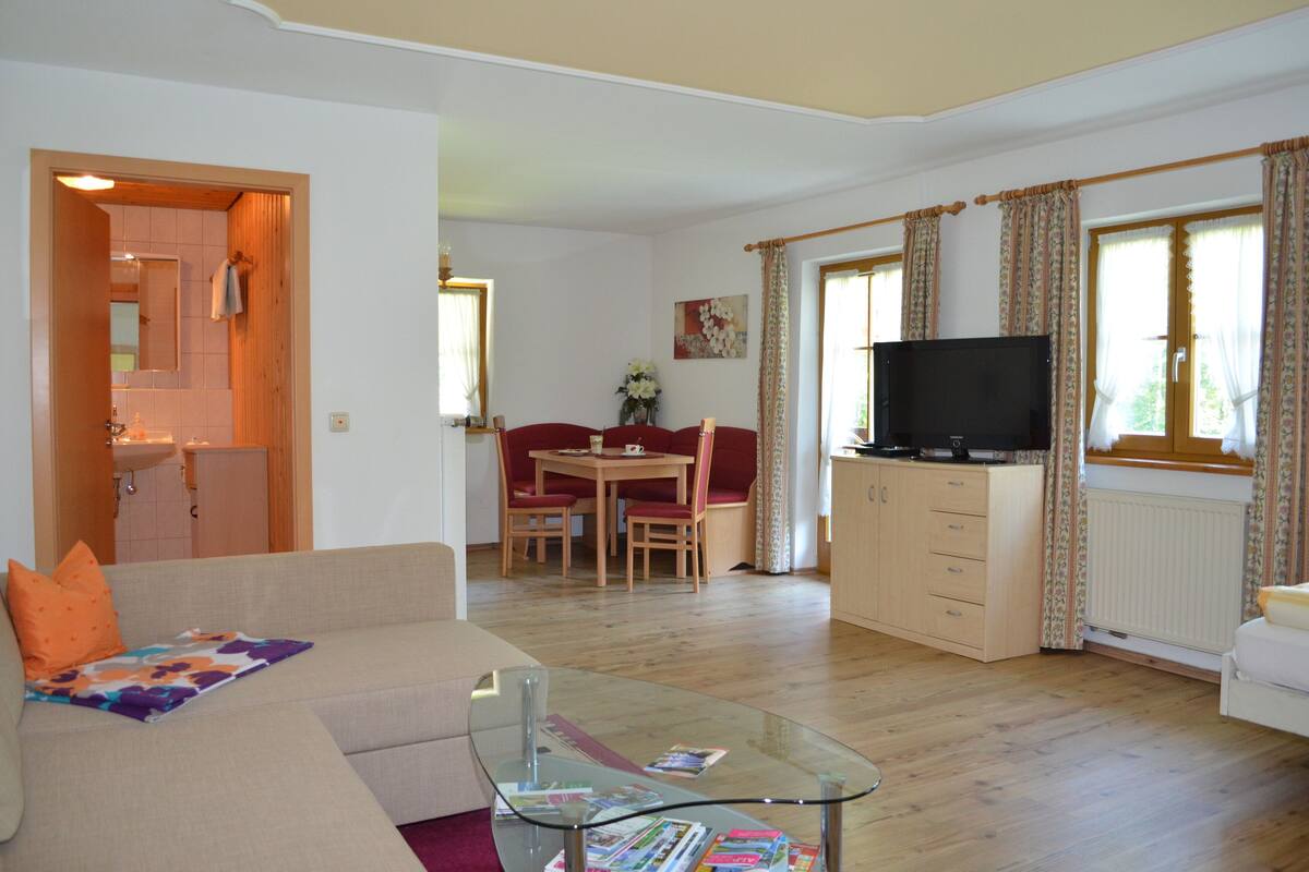 Apartment, 1 Bedroom (Bergblick) | Living area | 80-cm flat-screen TV with cable channels, TV, DVD player