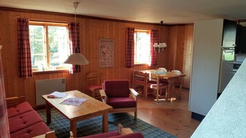 Cabin (Sheets, towels, cleaning not included) | Living area | LED TV, fireplace