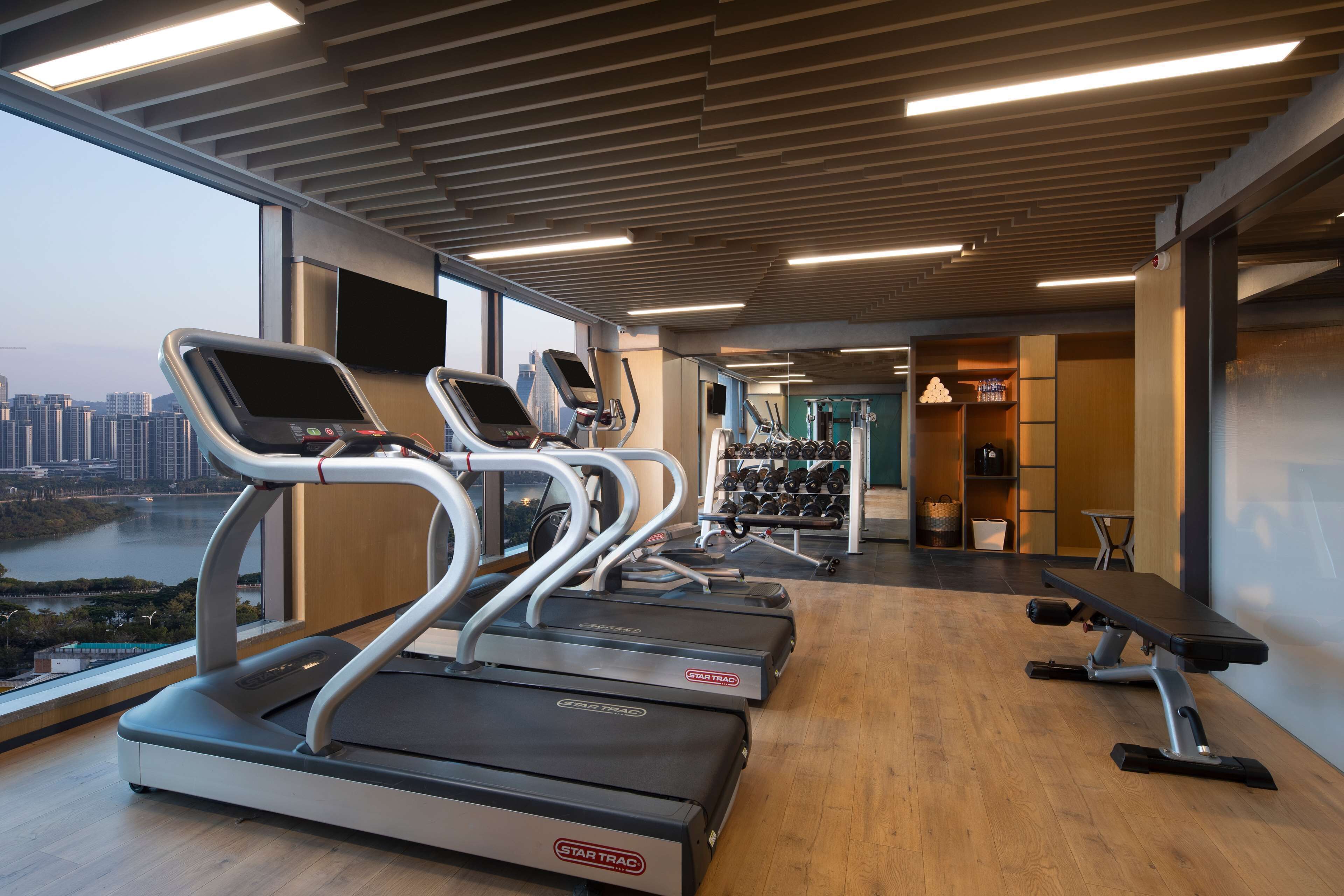 Una palestra moderna con tapis roulant, pesi e una panca.