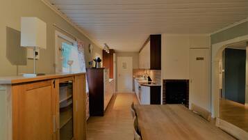 Fridge, microwave, stovetop, cookware/dishes/utensils