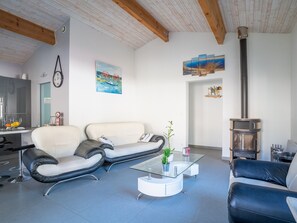 A modern living room with a sofa, coffee table, and a fireplace. - Contemporary House for 6 with Garden, Near Lake & Ocean in Peaceful Biscarrosse (Biscarrosse)