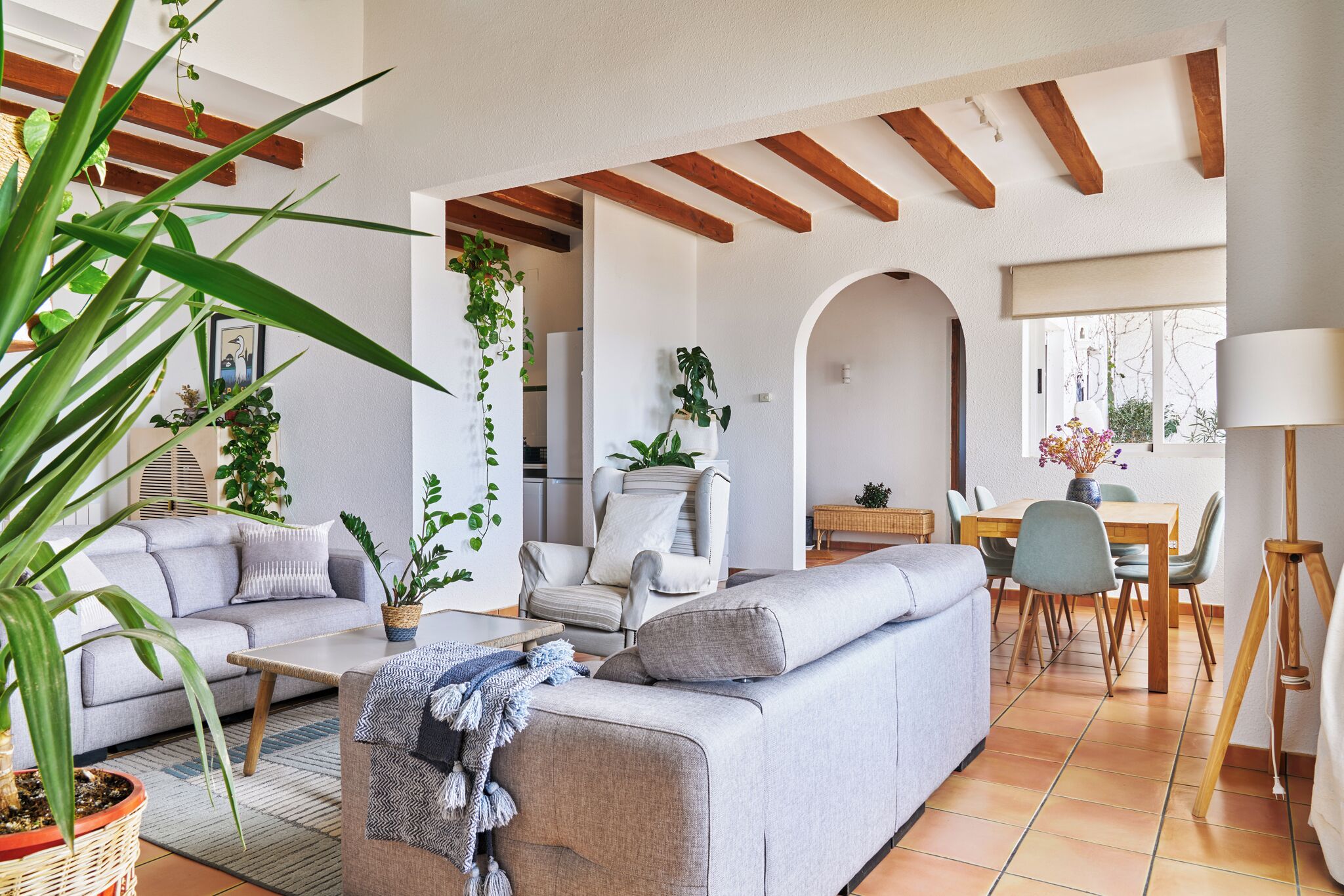 Una sala de estar moderna con un sofá gris, una mesa de centro y un comedor con mesa y sillas. Hay plantas y una lámpara en la habitación.