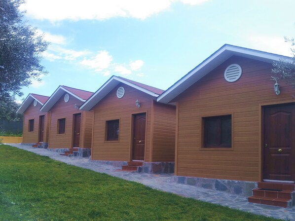 A row of wooden cabins with pitched roofs, each featuring a door and windows, and a stone pathway leading to the entrance.