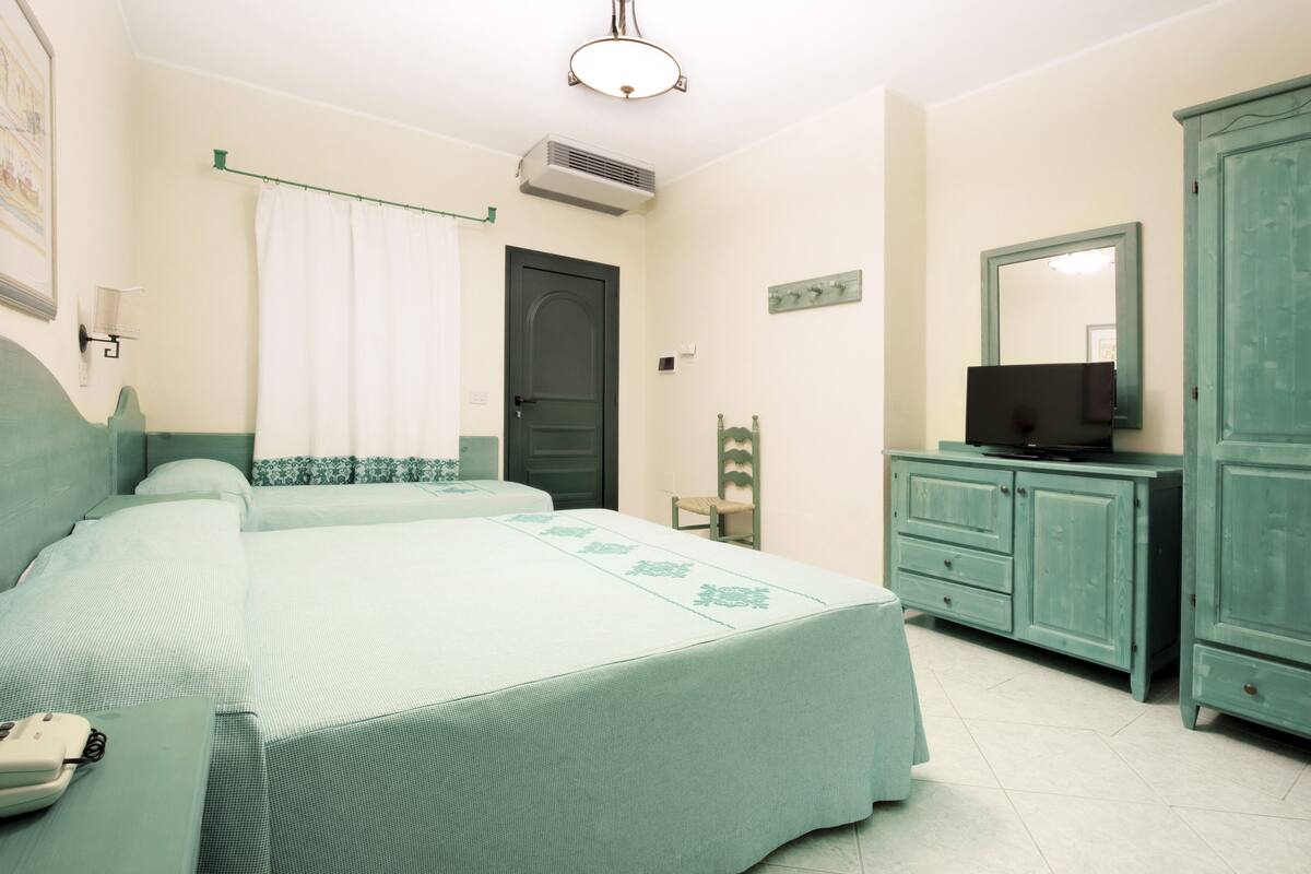 A bedroom with two beds, a television, a wardrobe, and a mirror.
