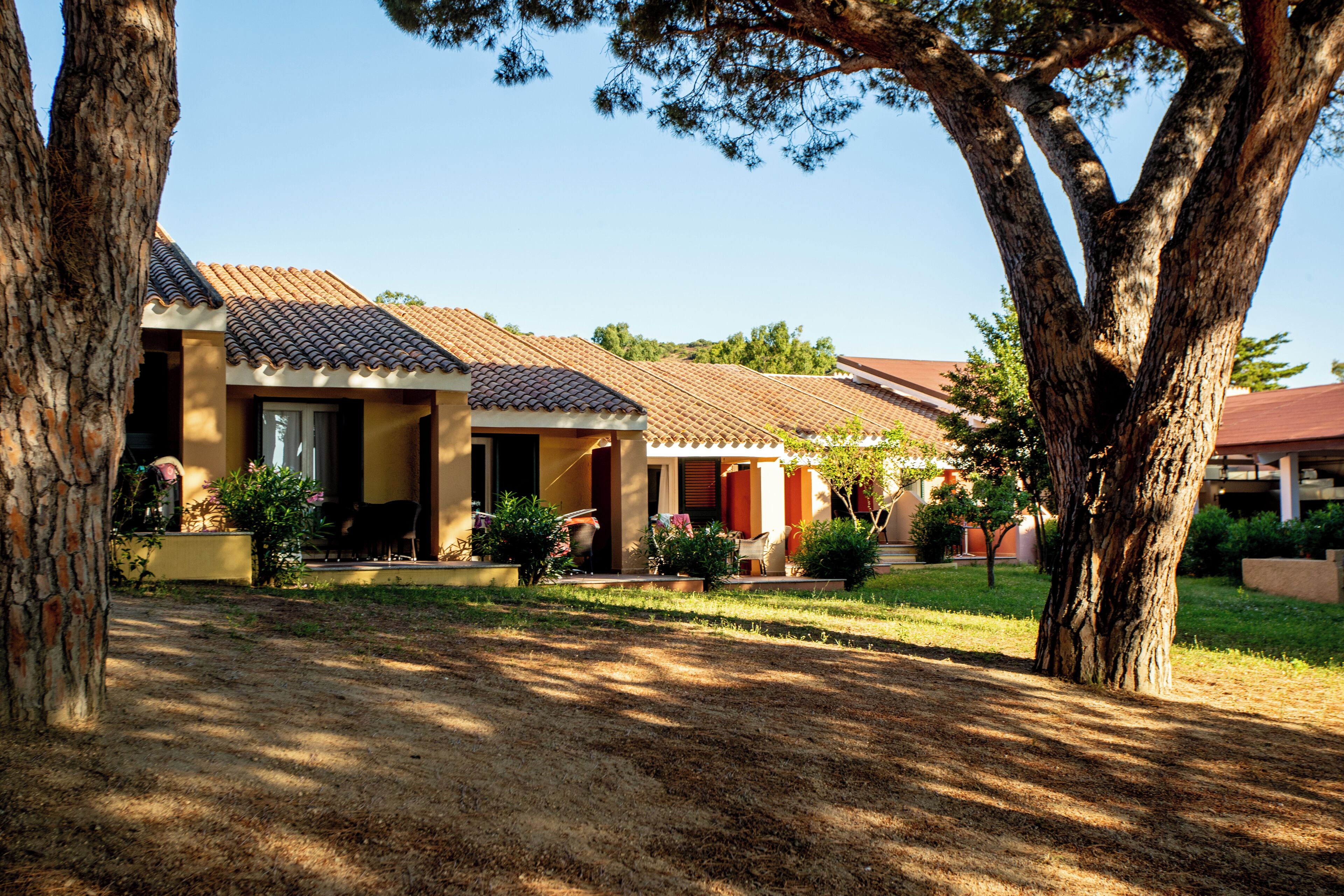 A building with a tiled roof, surrounded by trees and a grassy area.