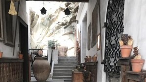 A stone-floored entrance with steps leading to a staircase, surrounded by potted plants and rustic decor. - Casa Al Duomo-Apartment in the historic center of Merano (Merano)