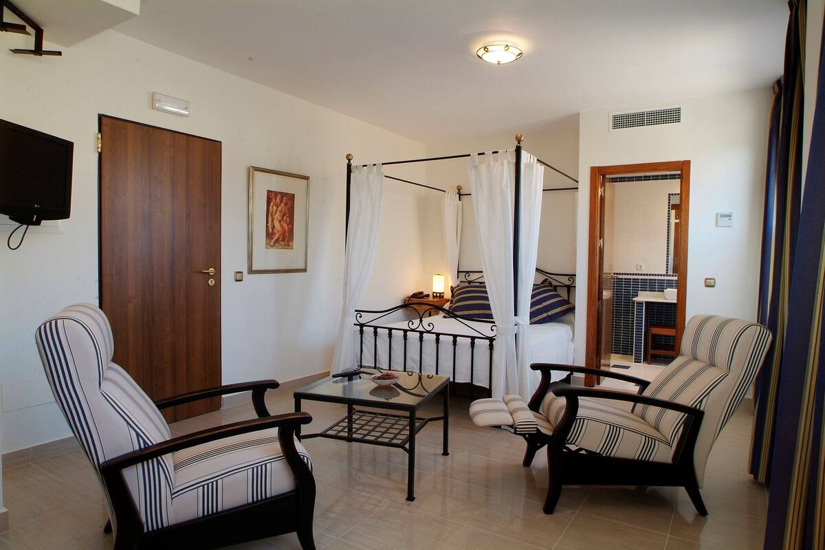 A bedroom with a four-poster bed, a bedside table, a chair, a sofa, a television, and a door.