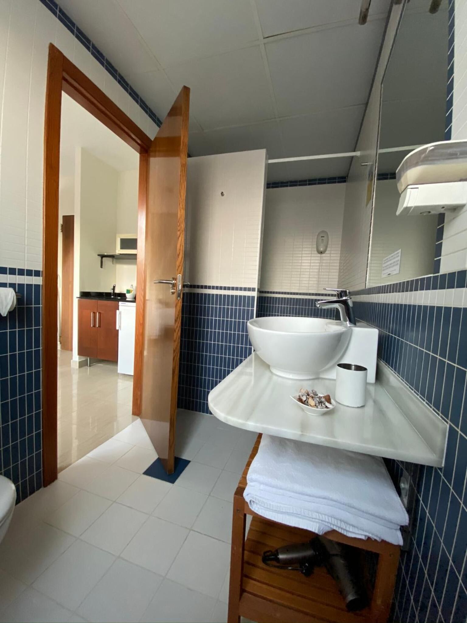 hair dryer, towels, soap, shampoo