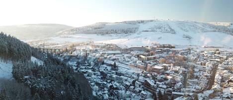 A snow-covered town with a river, a bridge, and a hill in the background.