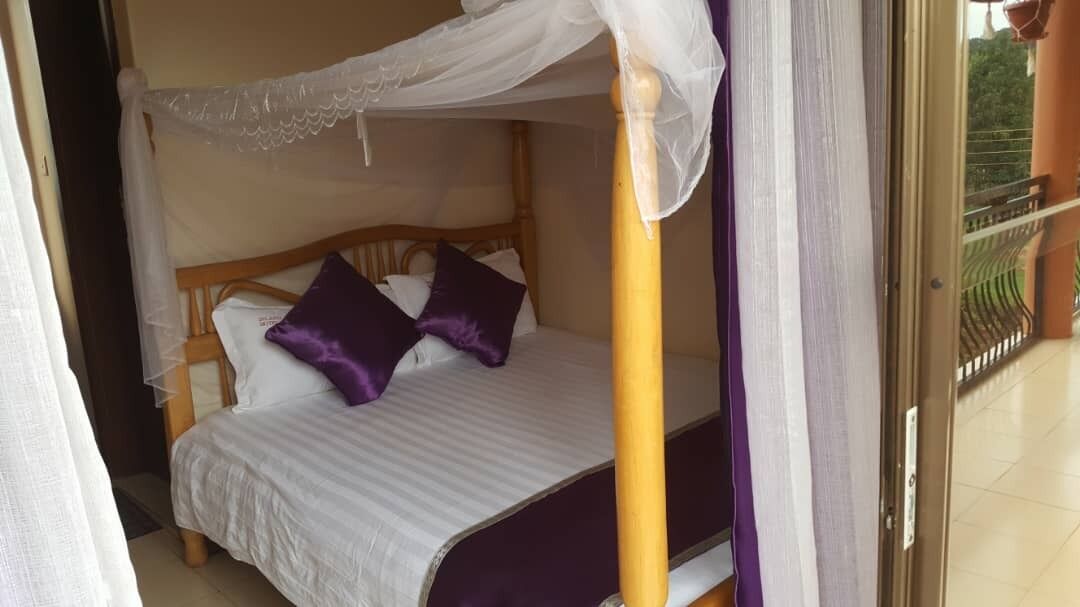 A single bed with a canopy, two pillows, and a wooden headboard.