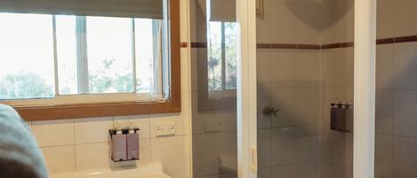 Un baño con ducha, ventana y lavamanos.