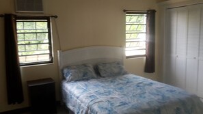 A single bed with a headboard, two windows with curtains, a radiator, and a door.