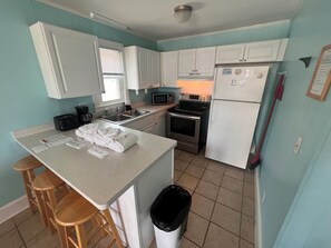 Fridge, microwave, cookware/dishes/utensils - Room #NAPT Efficiency King Apartment  w/Kitchen Dog Y (Topsail Beach)