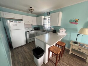 Fridge, microwave, cookware/dishes/utensils - Room #SAPT Efficiency King w/Kitchen Dog Y (Topsail Beach)