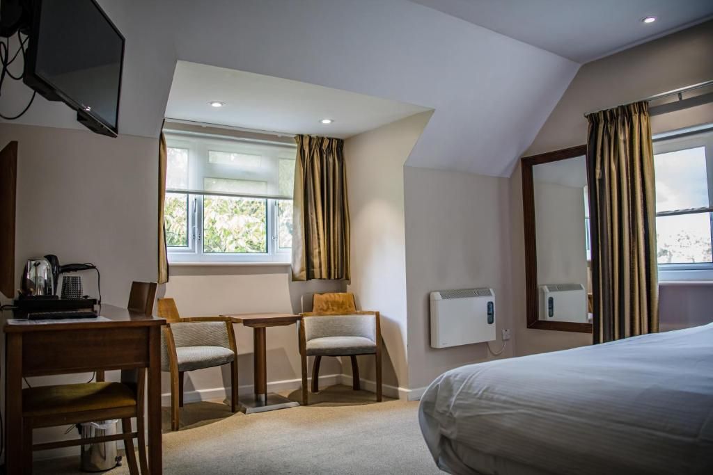 A hotel room with a bed, a desk, two chairs, a television, a window with curtains, and a wall-mounted heater.