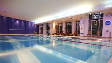 Indoor pool, open 7:30 AM to 9:00 AM, pool loungers