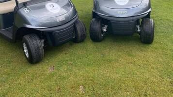 Two golf carts on a grassy field with a clear sky.
