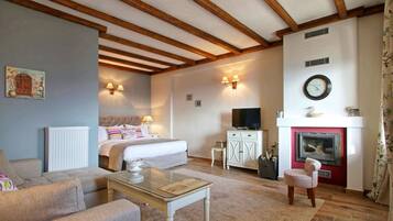 A cozy living room with a fireplace, a bed, and a television.