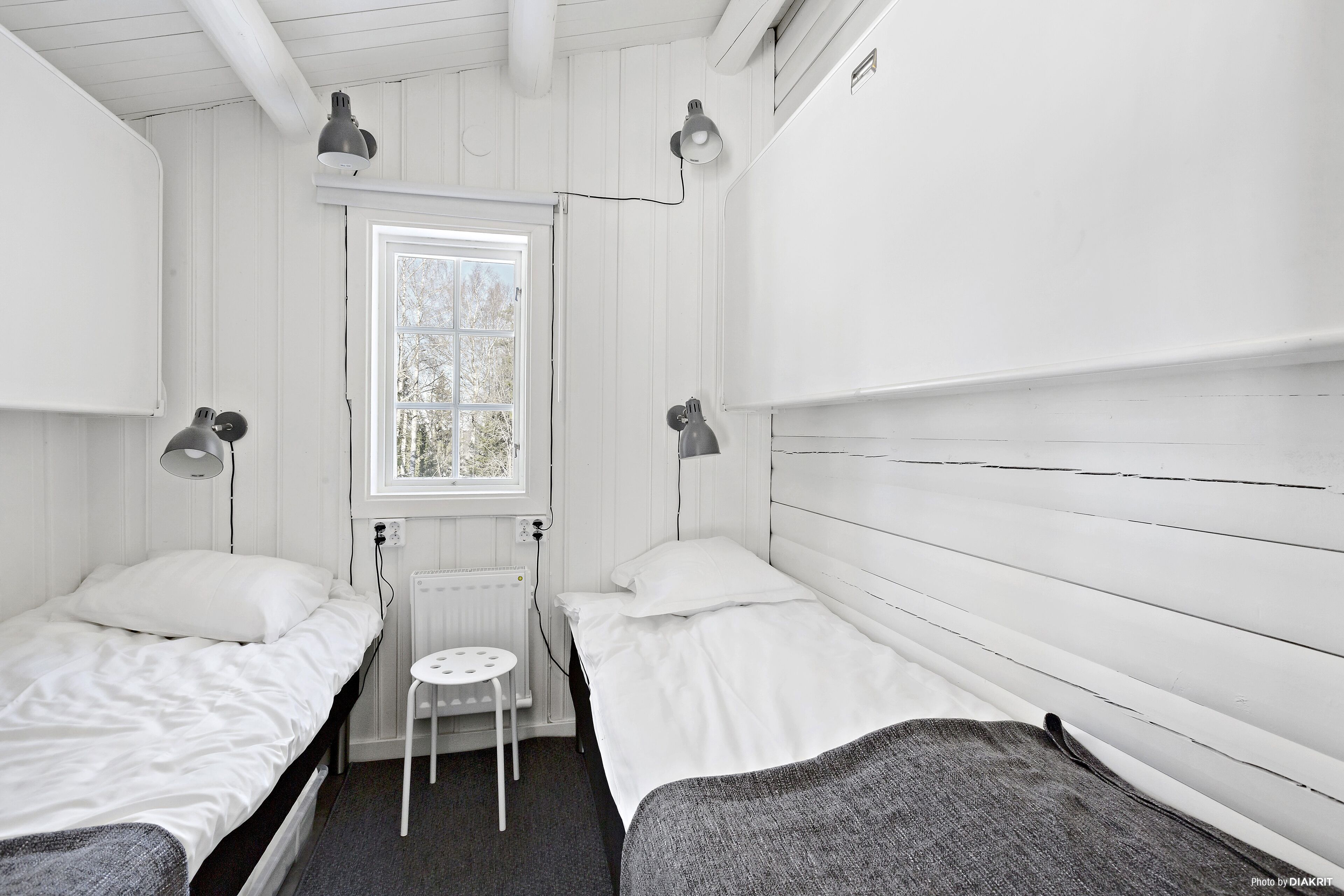 A small, white, single-room hotel room with two beds, a small table, and two bedside lamps.
