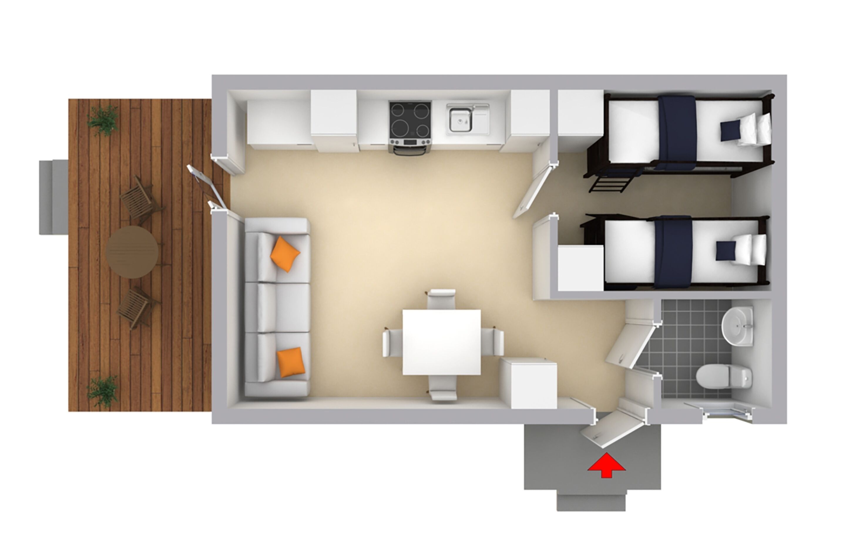 A 2-bedroom apartment layout with a living room, kitchen, dining area, and a small balcony.