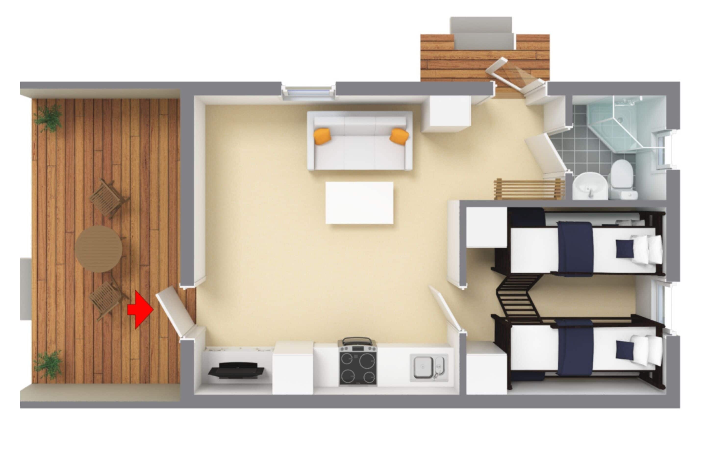 A 2-bedroom apartment layout with a living room, kitchen, and separate bedrooms.