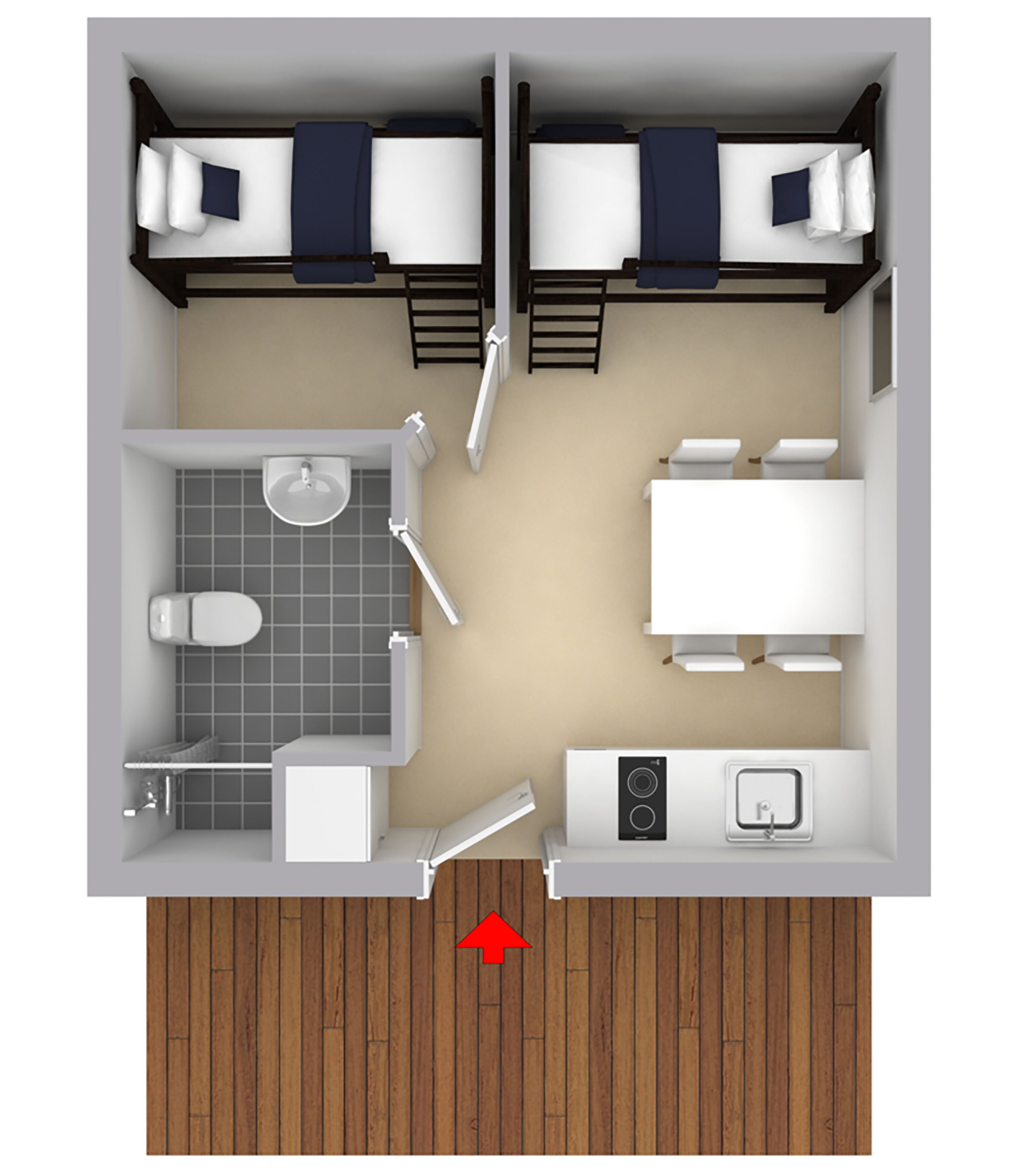 A 2-bedroom apartment layout with a kitchen, bathroom, and a small living area.