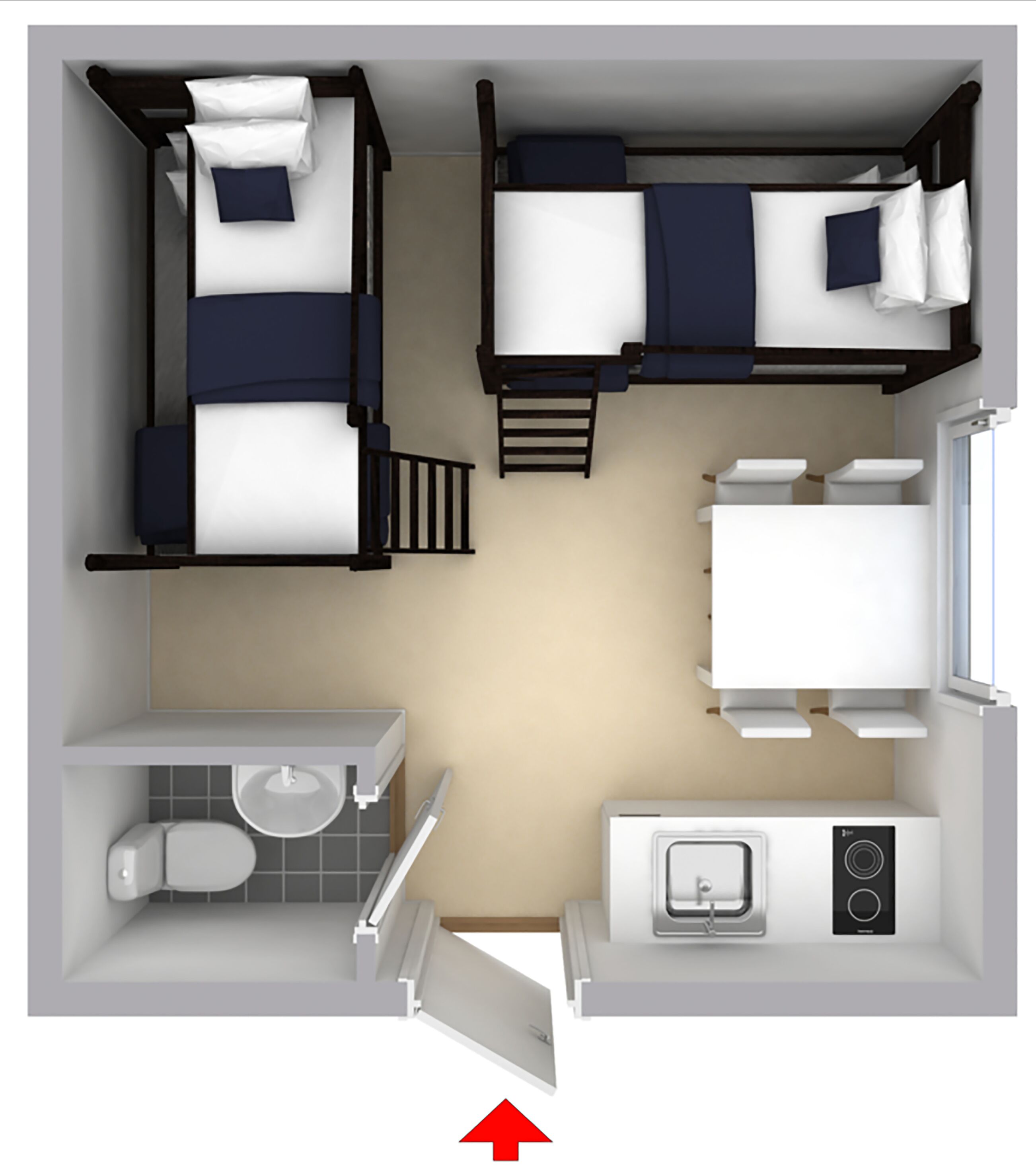 Habitación de dos dormitorios con baño y kitchenette.