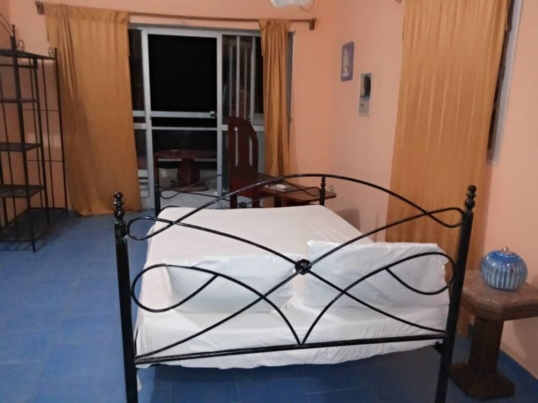 A bedroom with a metal bed frame, a blue carpet, a window with curtains, and a small table with a vase.