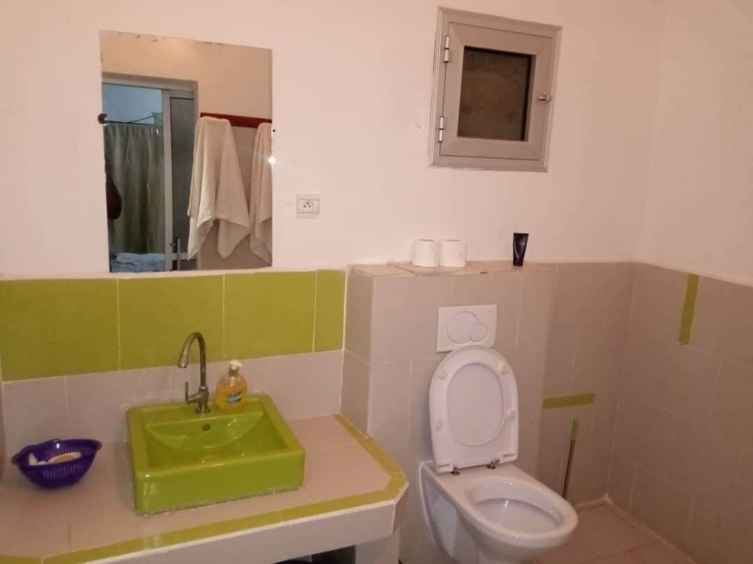 A bathroom with a green sink, white toilet, and a mirror above the sink.