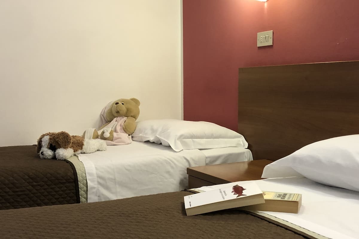 Une chambre d’hôtel avec deux lits, un ours en peluche sur l’un des lits, un livre sur l’autre, et une prise électrique au-dessus des lits.