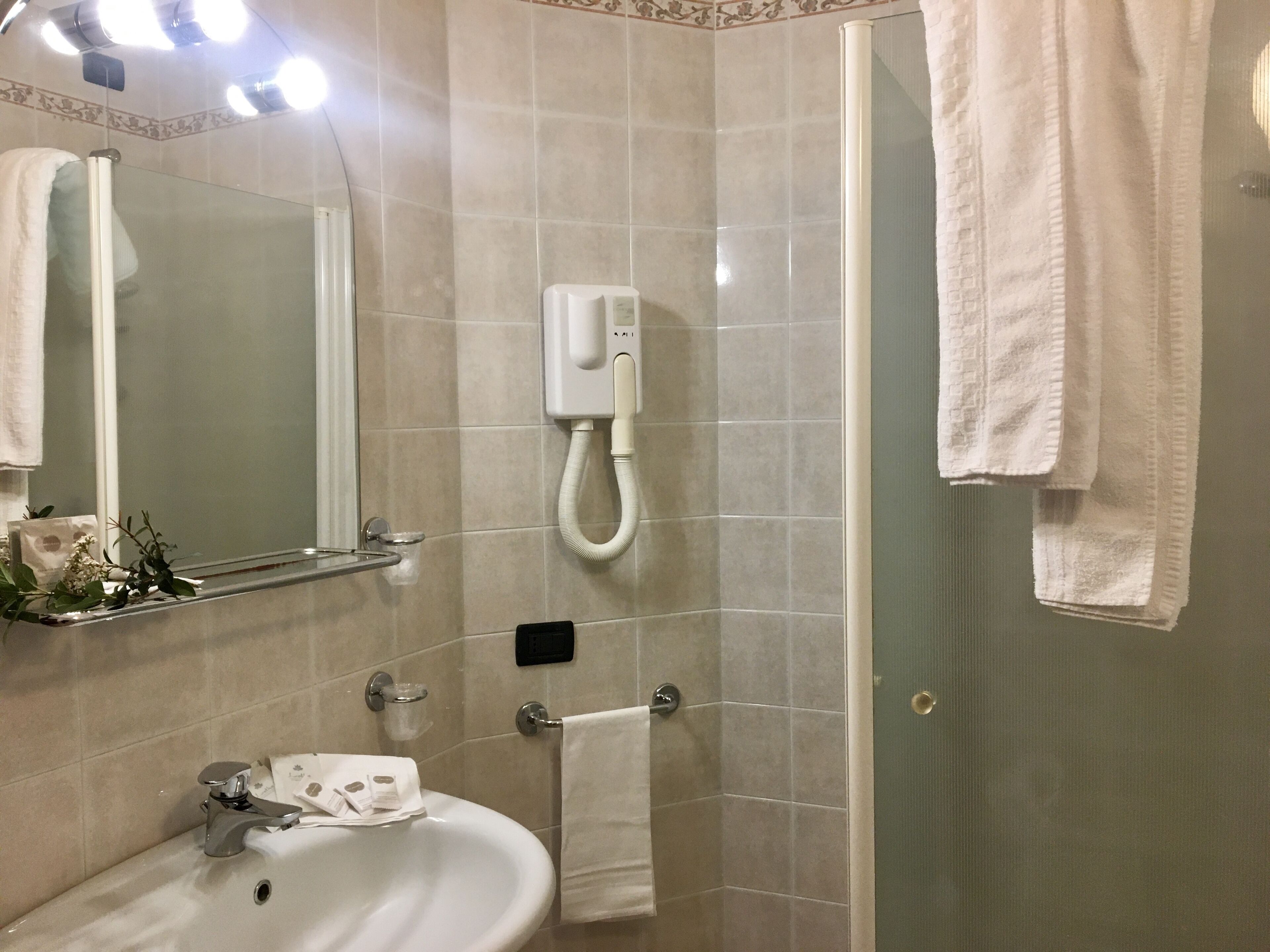 shower, hair dryer, bidet, towels