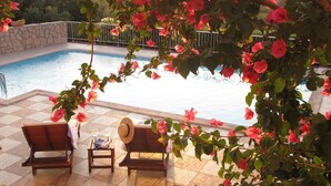 Zona junto a la piscina con vista despejada, dos sillones de madera, una mesita con un sombrero y un vaso, y abundante vegetación.