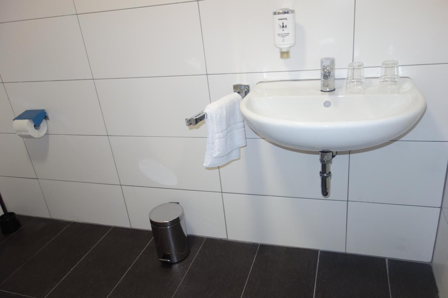 A bathroom with a white sink, a hand soap dispenser, a toilet paper roll, and a trash can.
