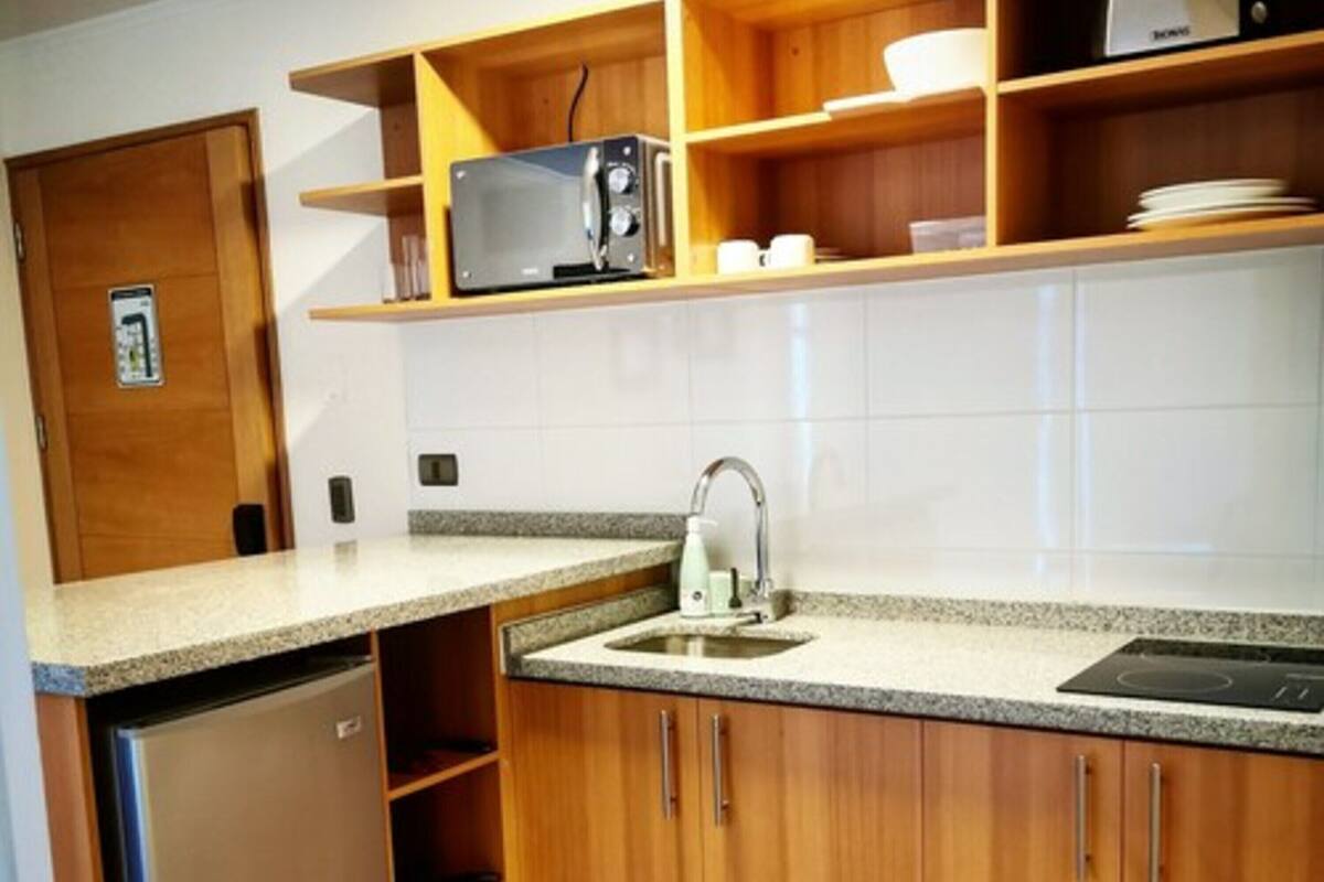 Een compacte keuken met een ingebouwde magnetron, een gootsteen en houten kastjes.
