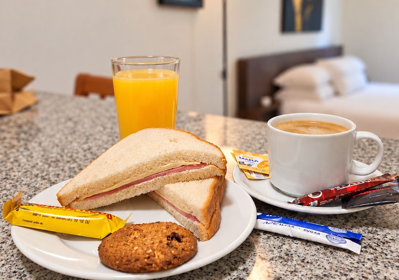 Mesa com sanduíche, biscoito, suco, café e barras de chocolate para o café da manhã.