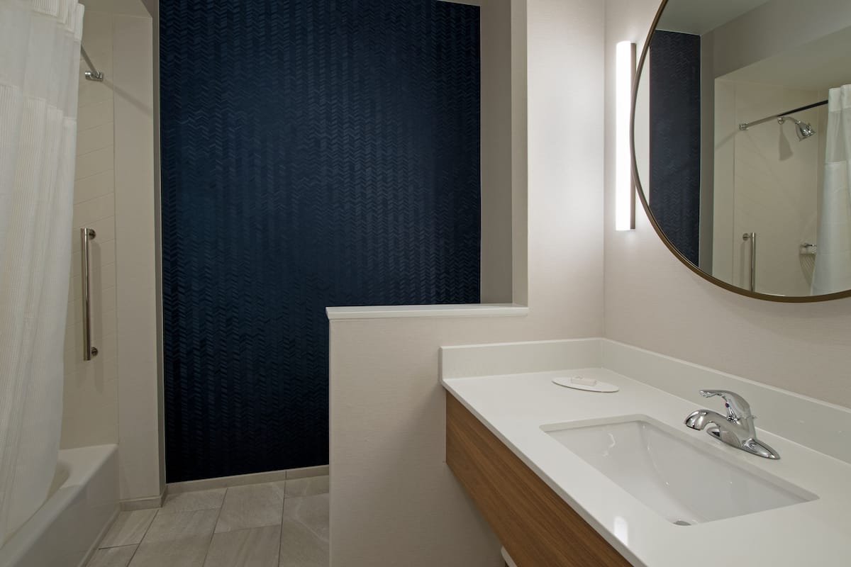 combined shower/bathtub, free toiletries, hair dryer, towels