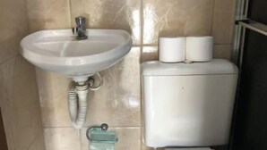 A bathroom with a white sink, toilet, and two rolls of toilet paper on the wall. - Pousada Florescer (Paraty)