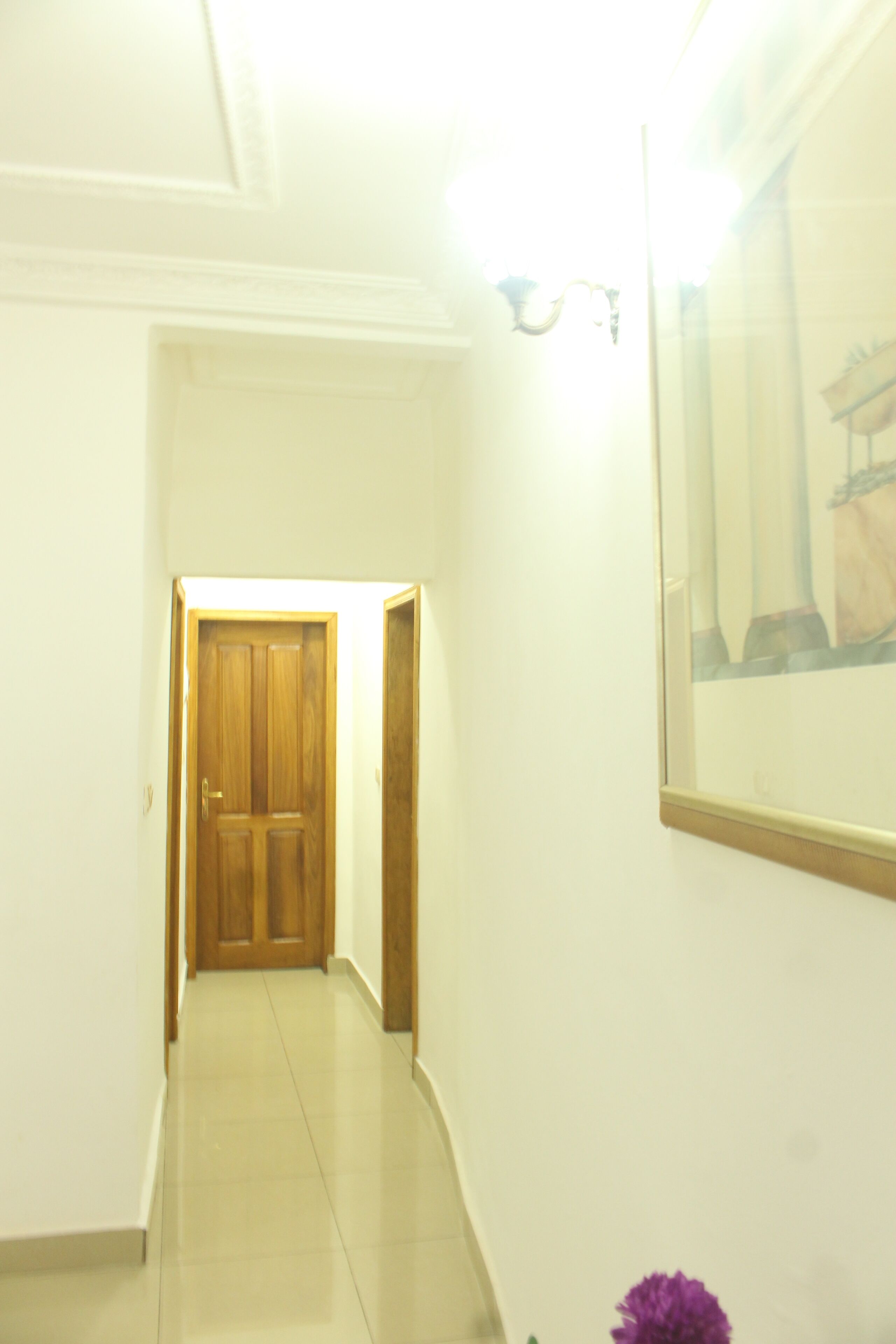 A hallway with a wooden door at the end, a framed picture on the wall, and a light fixture above.