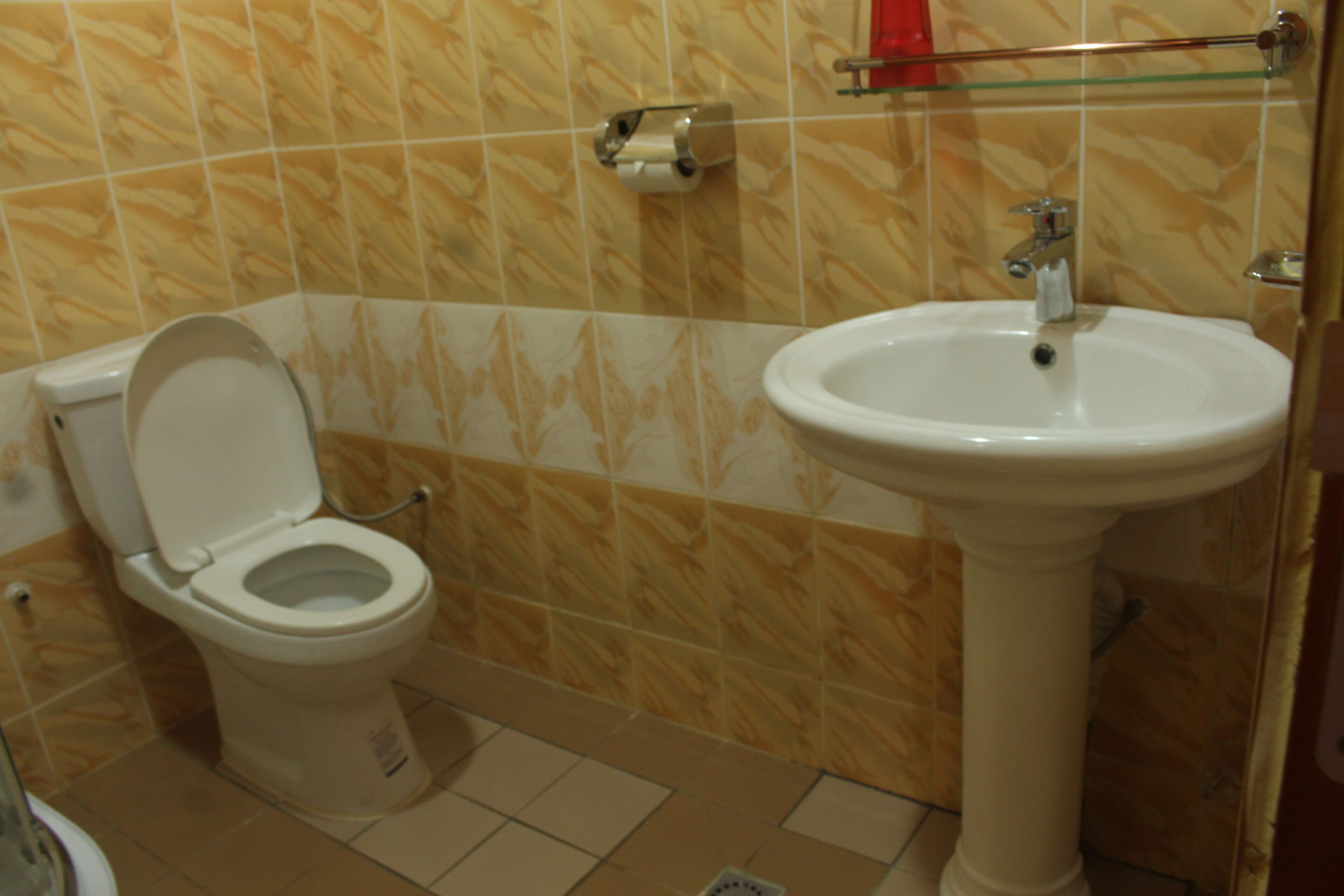 Un baño con inodoro y lavamanos sobrepedestal.