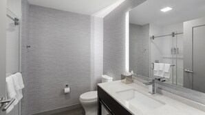 A modern bathroom with a large mirror, a white sink, and a toilet. - Holiday Inn Express Boston Logan Airport - Revere by IHG (Revere)