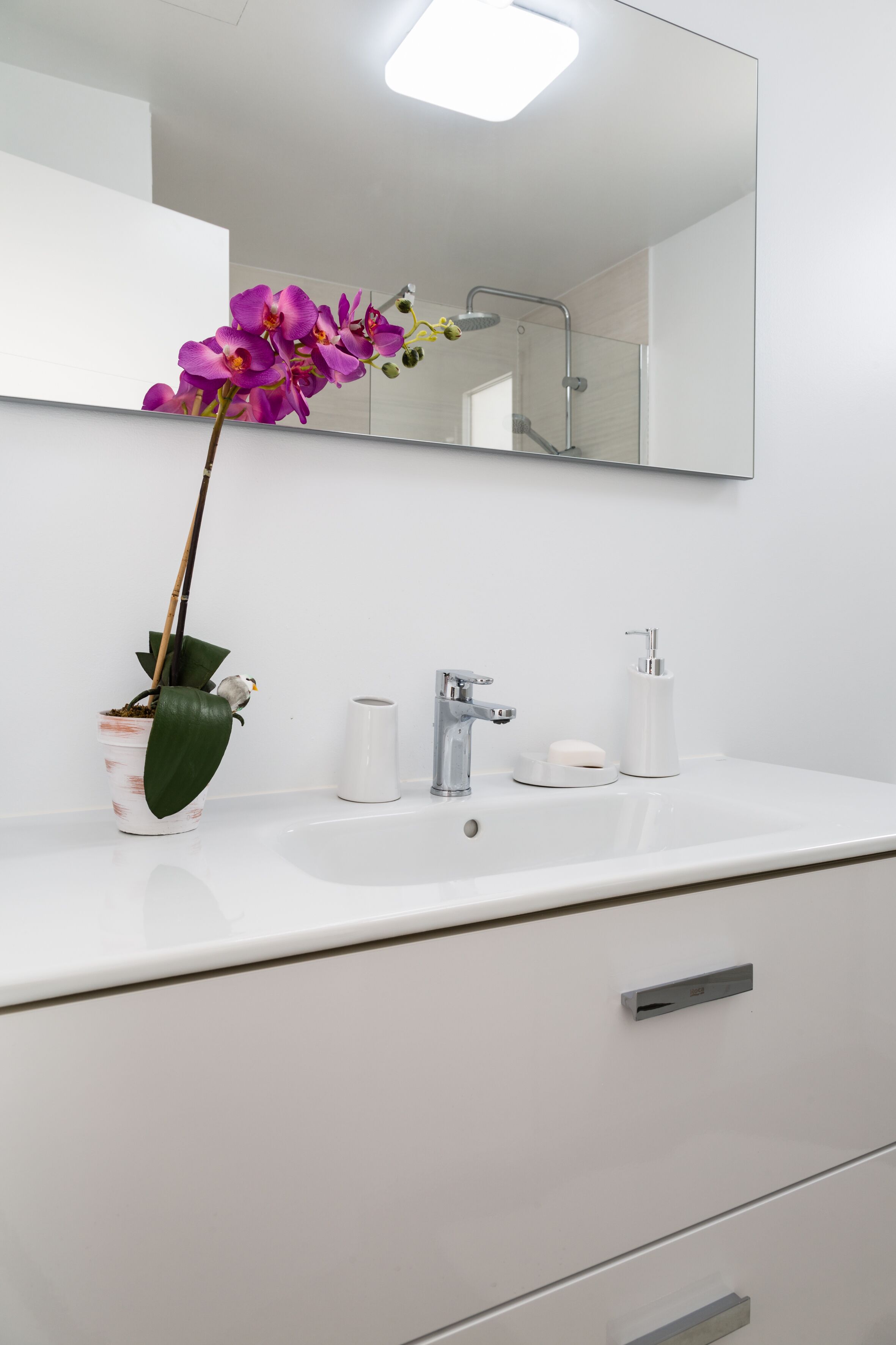 A modern bathroom with a white sink, a mirror, and a potted orchid.